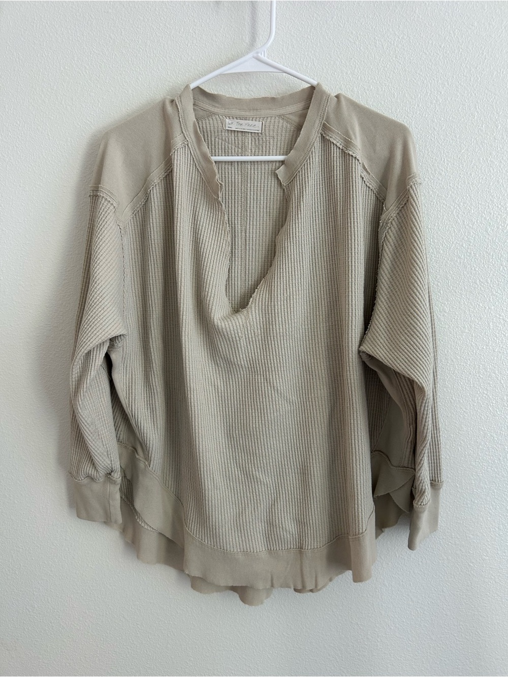 We The Free Taupe Beige Waffle V-Neck Women's Pullover